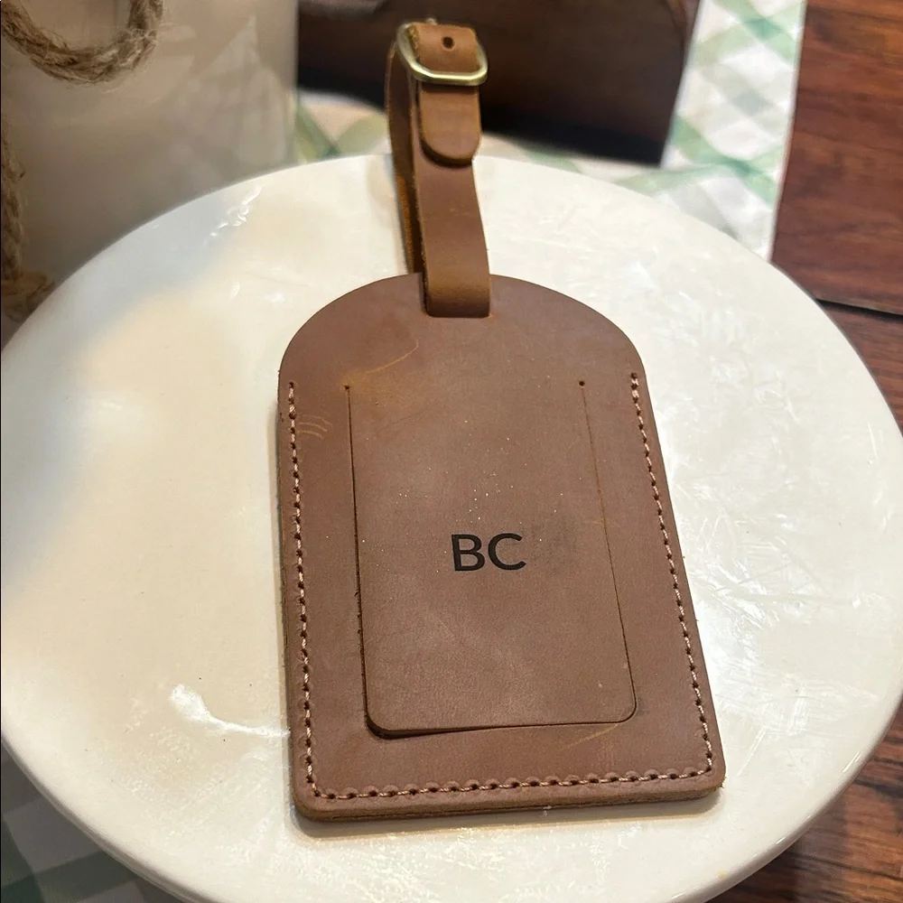 Monogrammed Tan Leather Passport Cover & Luggage Tag Set